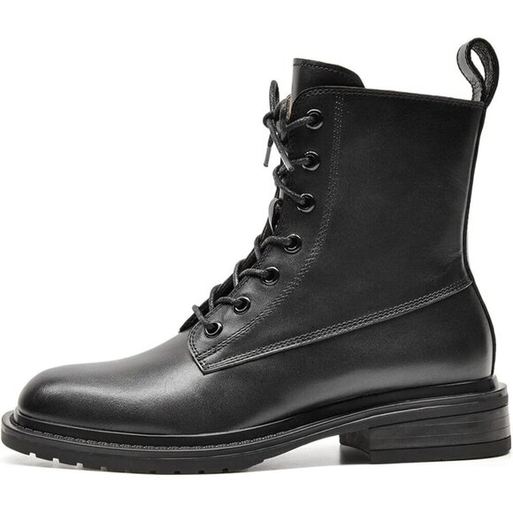 Women's Combat Boots Black Leather Side Zipper Booties For Women - Picture 2 of 6